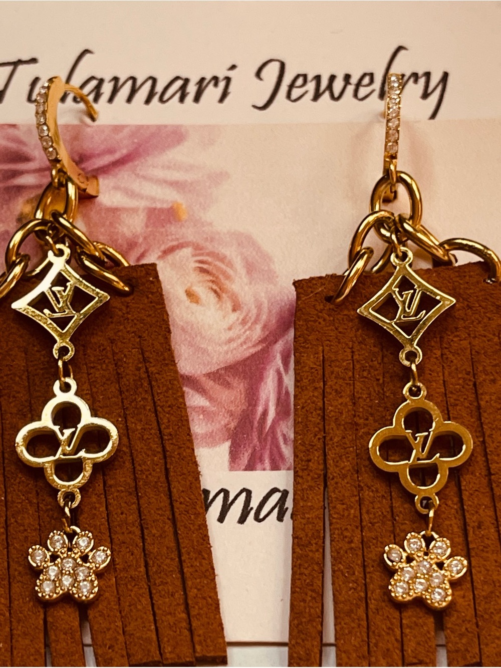 Gold & Tan Fringe Drop Earrings with Crystal Flower Charms - Picture 3 of 7